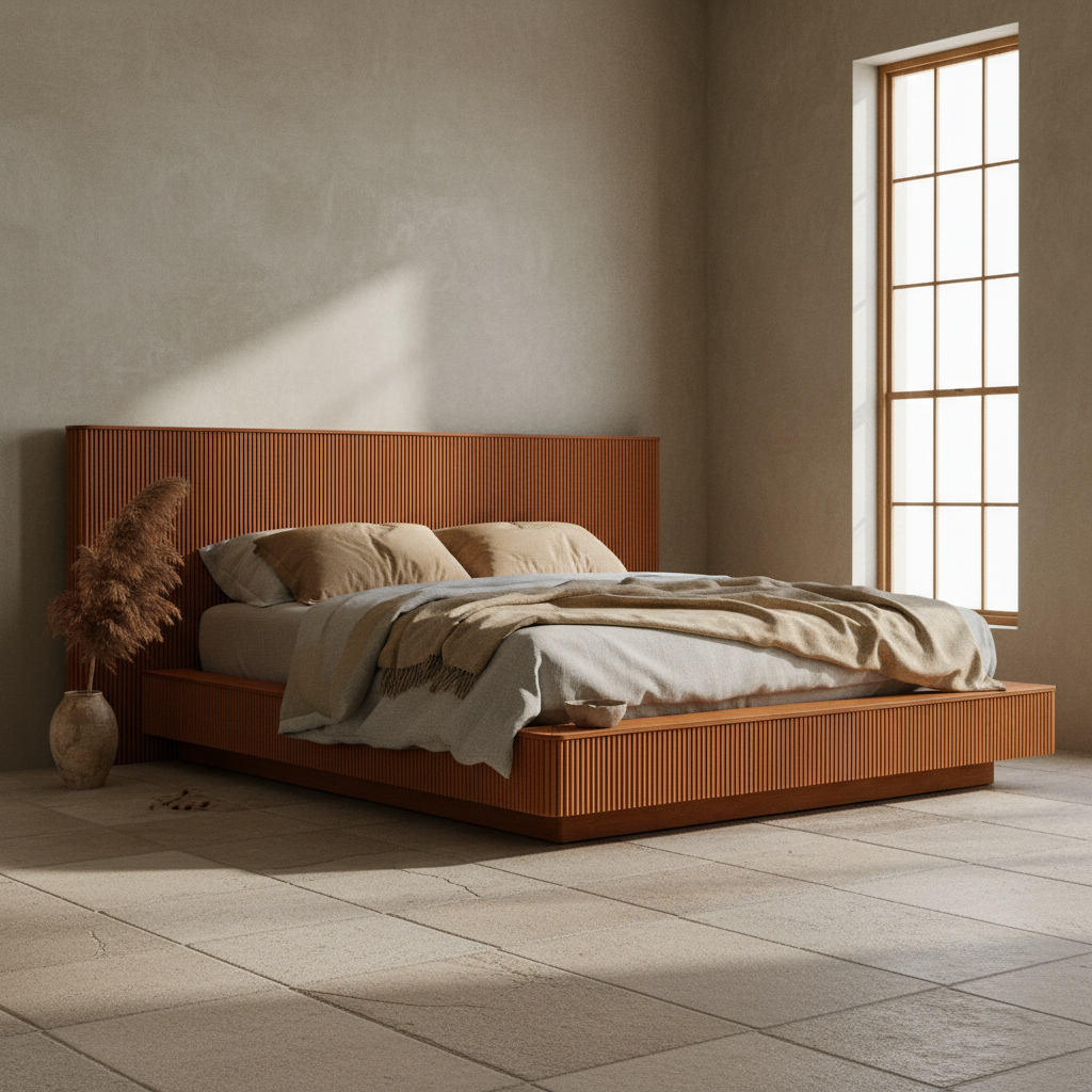 CAMA DE ROBLE ACANALADO | DISEÑO MODERNO DE MADERA MACIZA | NEGRO