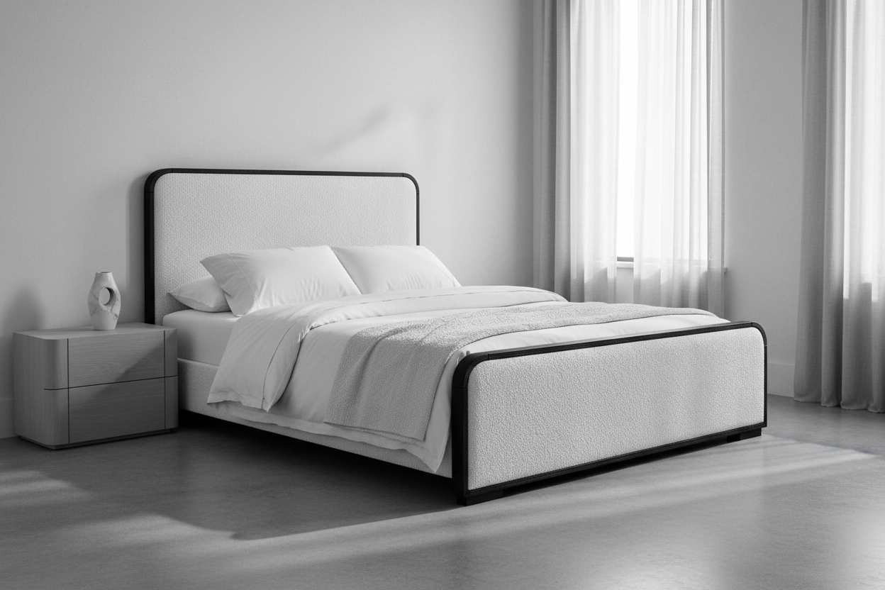 The Solenne Upholstered Bed | Solid Black Oak & Wool Bouclé Upholstered Headboard