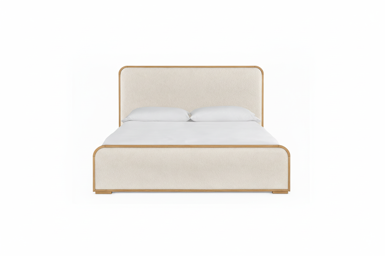 The Solenne Upholstered Bed | Solid Light Oak & Wool Bouclé
