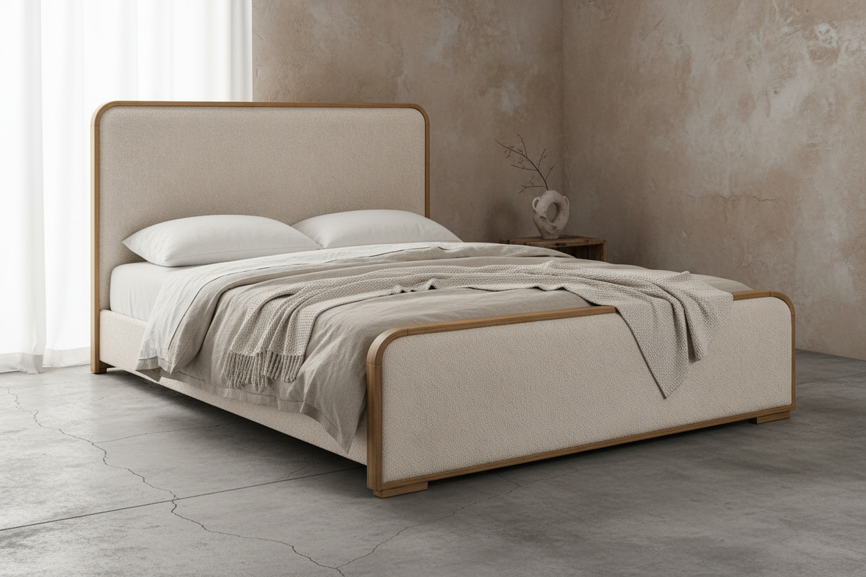 The Solenne Upholstered Bed | Solid Natural Oak & Wool Bouclé