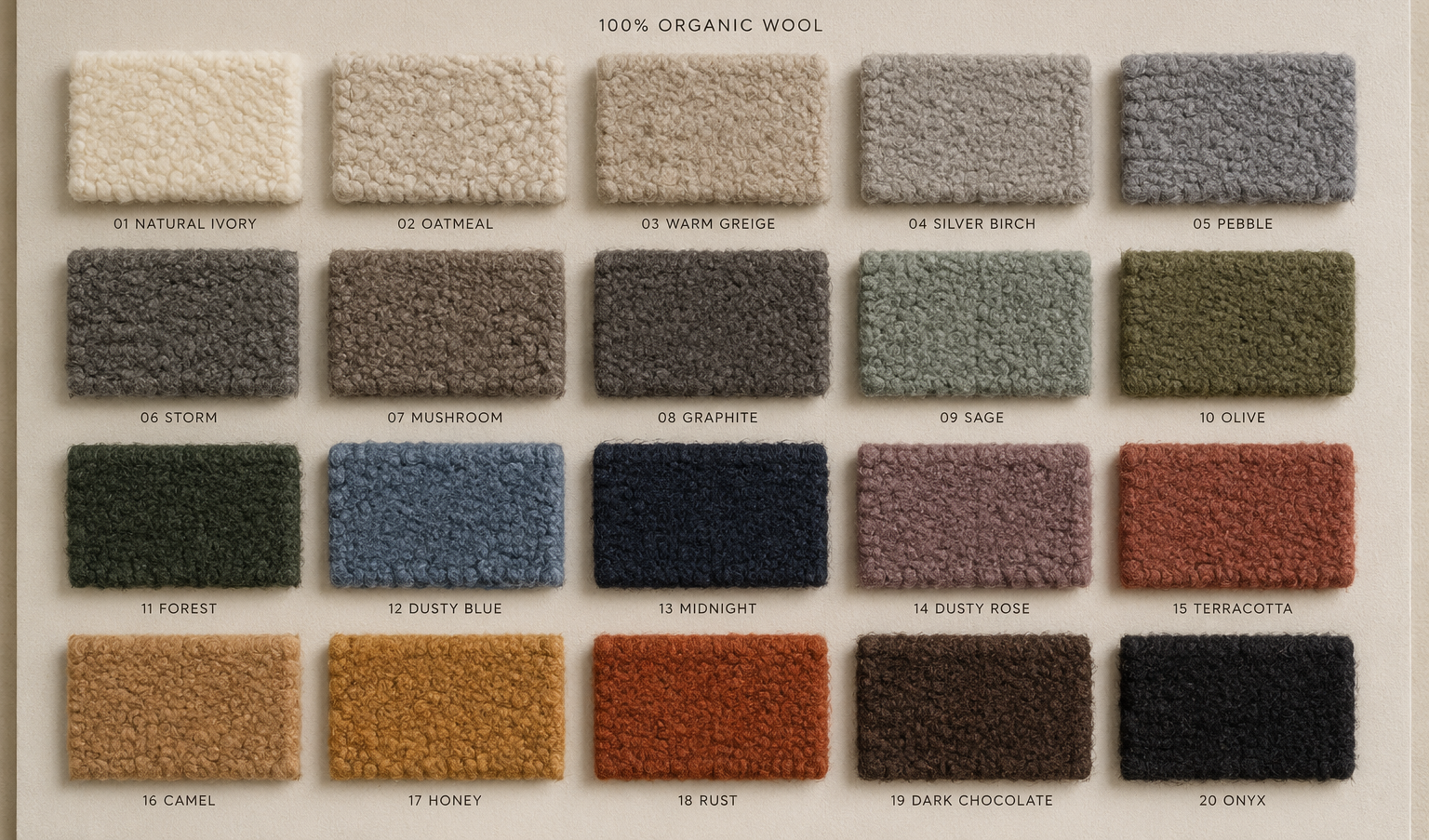 Color swatch chart of 100% organic wool in various shades.