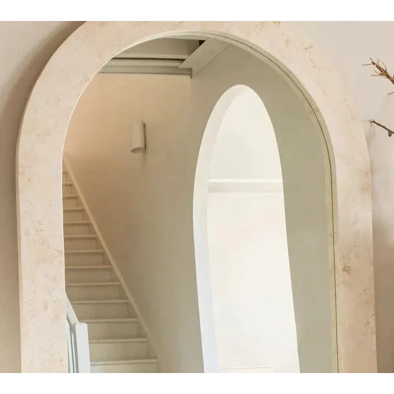 Arched Full-length Floor Mirror with Beige Stone Frame – Modern Minimalist Design for Bedrooms and Entryways