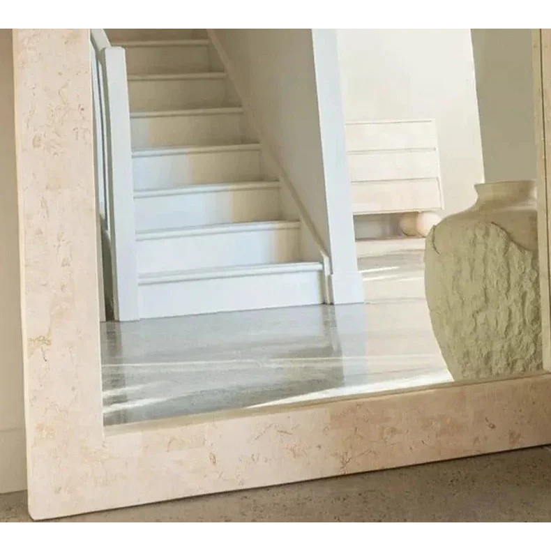 Arched Full-length Floor Mirror with Beige Stone Frame – Modern Minimalist Design for Bedrooms and Entryways