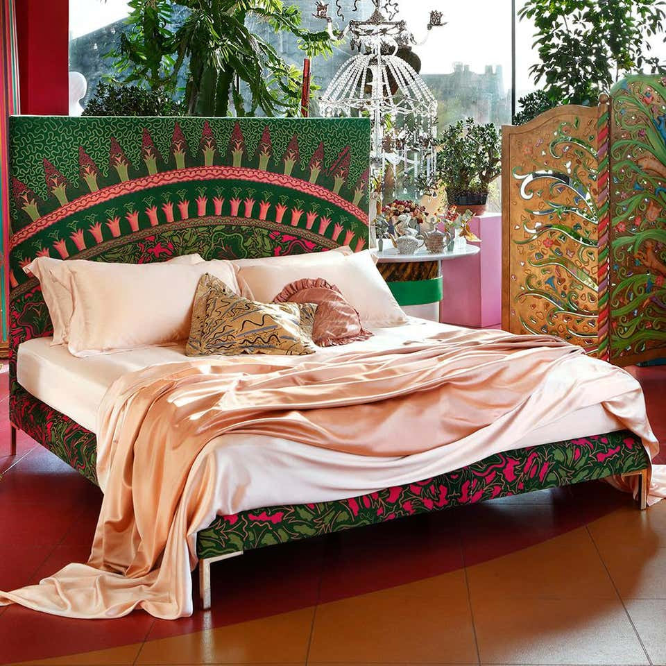 Bed with Bold Floral Pattern Handcrafted Statement Headboard and Frame Luxury Designer Bedroom Furniture
