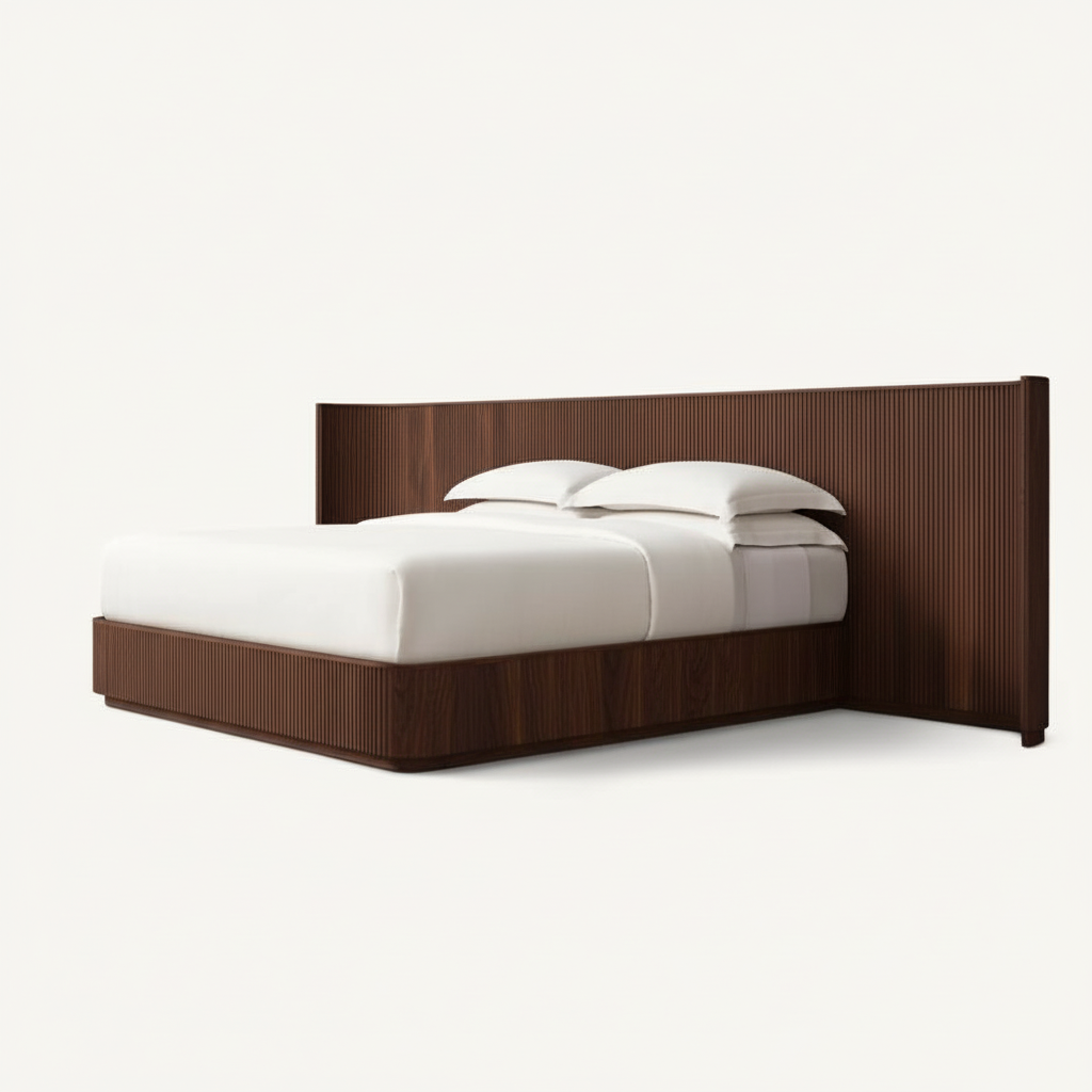 FLUTED OAK BED | MODERN SOLID WOOD BED FRAME | Light Walnut