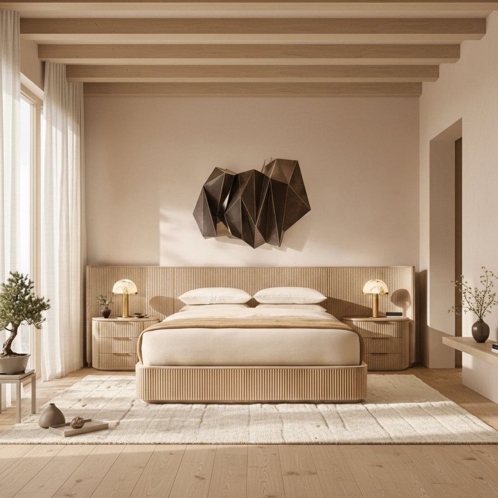 Bespoke Oak Fluted Panel Bed | Handcrafted Solid Wood Frame | Modern Architectural Designer