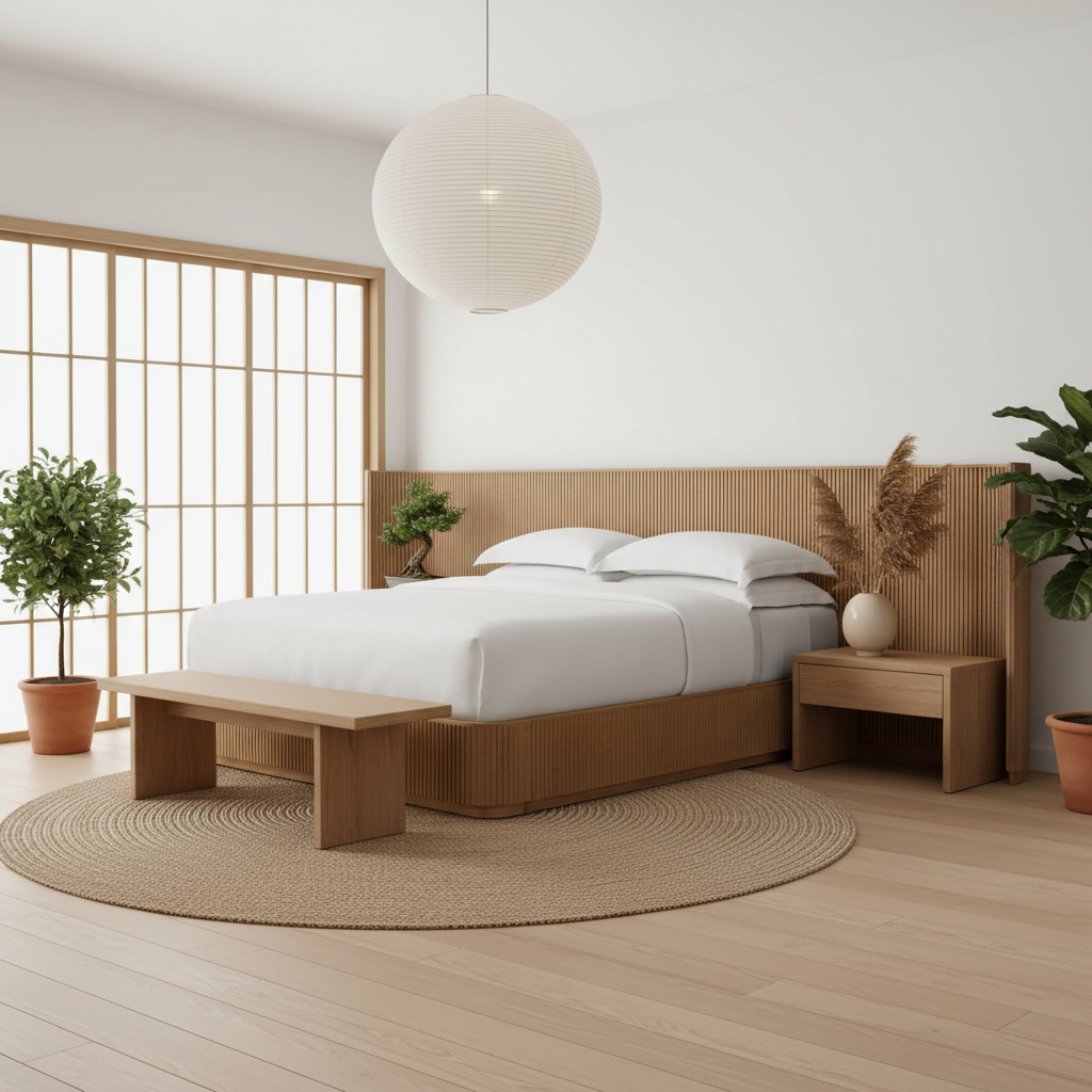 CAMA DE ROBLE ACANALADO | MARCO DISEÑADOR MODERNO DE MADERA MACIZA