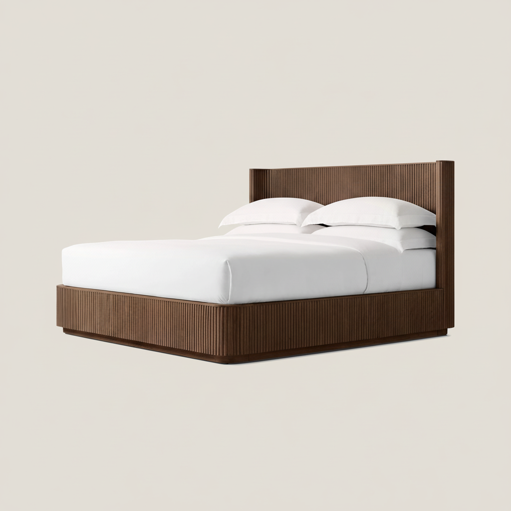 Fluted Oak Platform Bed | HLMPrhy58 - Double / Light walnut - Beds