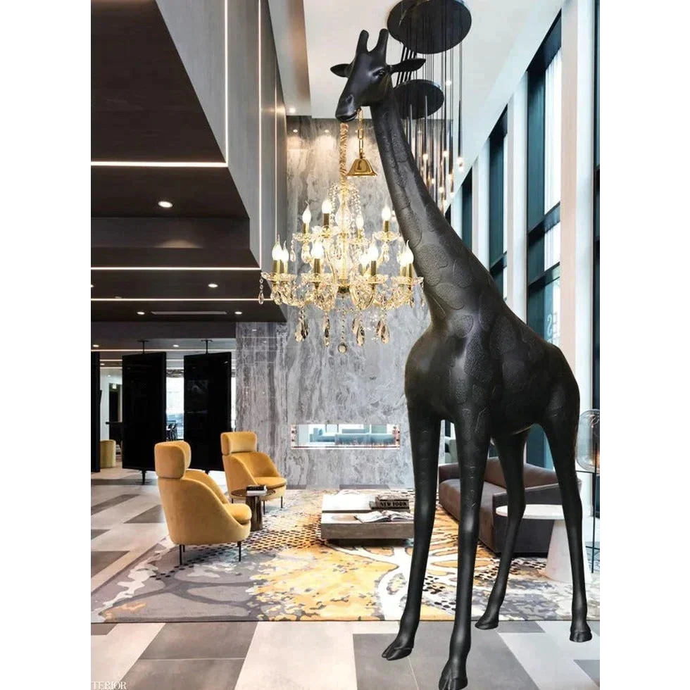 Black Giraffe Lamp with Gold Marie Therese Crystal Chandelier | Hollywood Regency Interiors