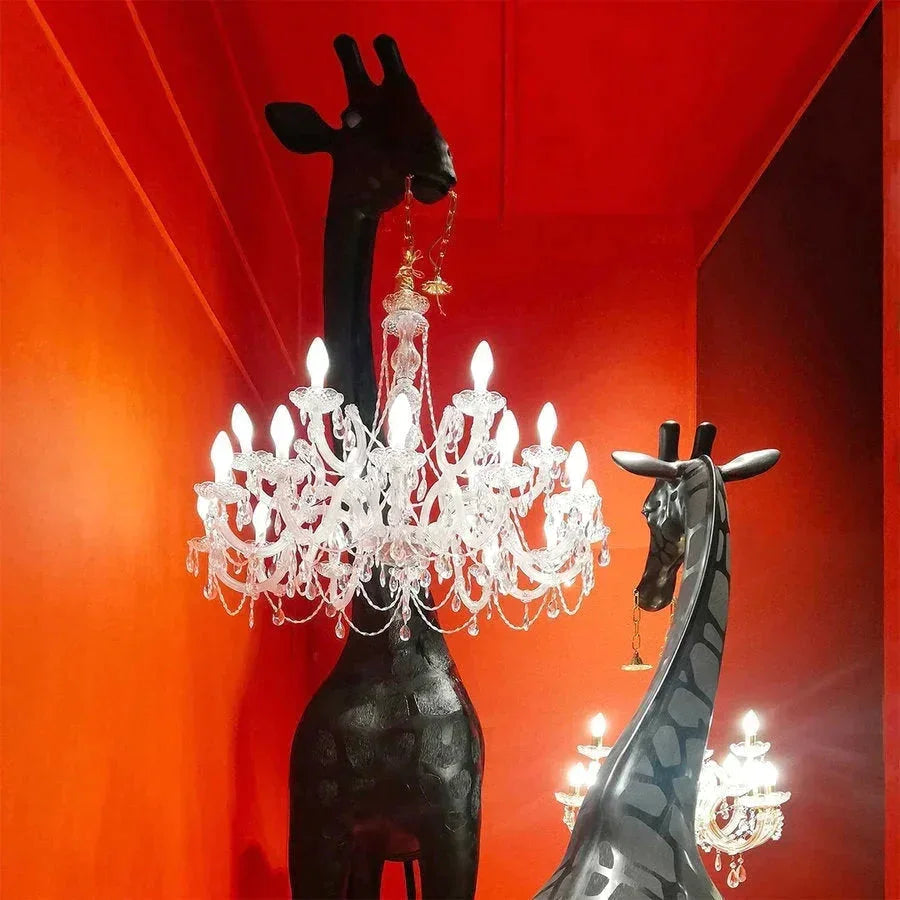 Black Giraffe Lamp with Gold Marie Therese Crystal Chandelier | Hollywood Regency Interiors