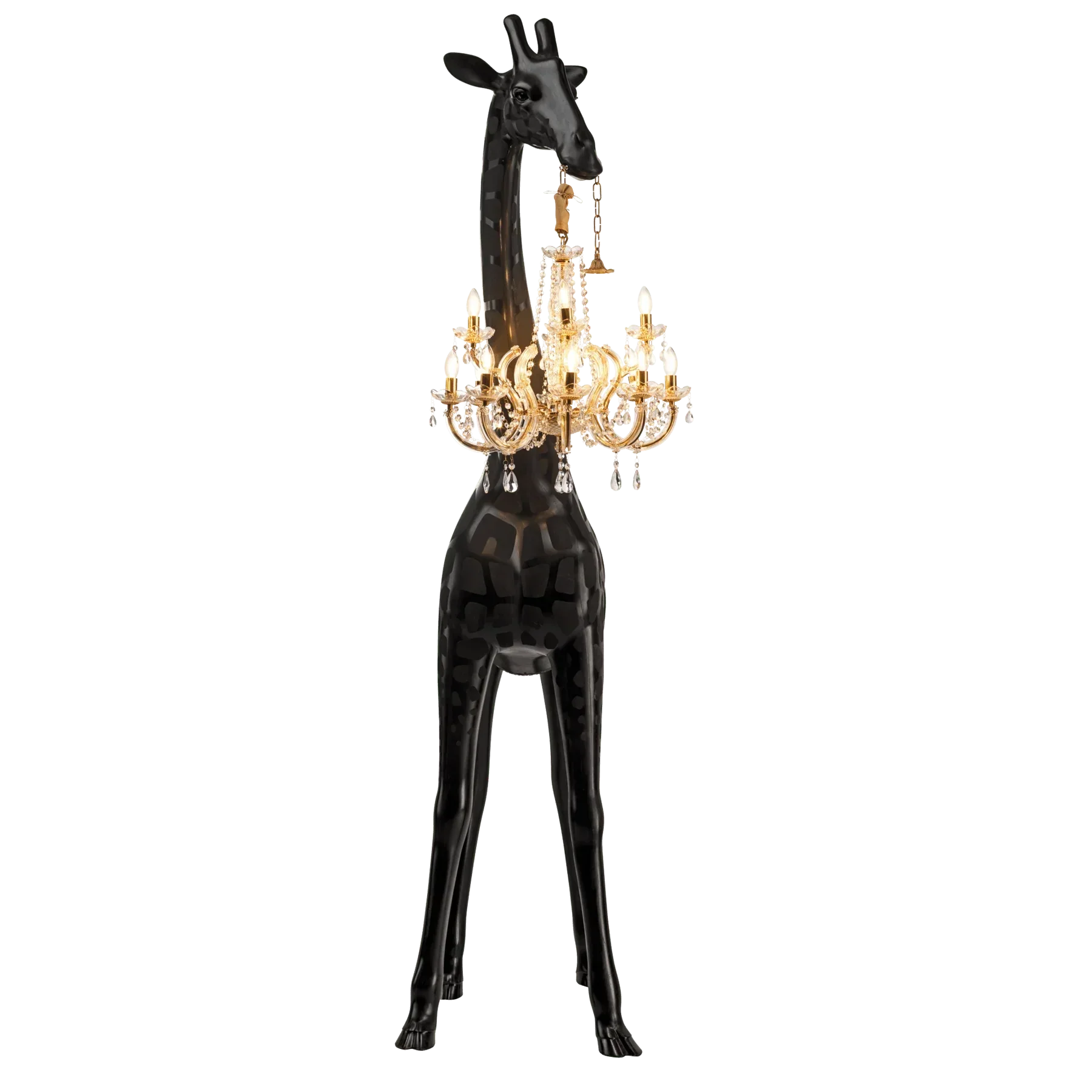 Black Giraffe Lamp with Gold Marie Therese Crystal Chandelier | Hollywood Regency Interiors