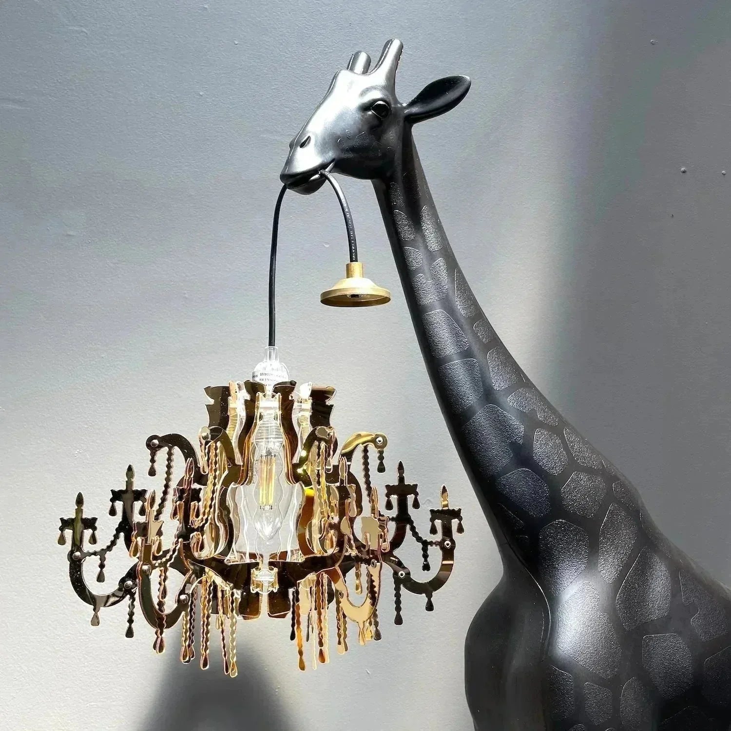 Black Giraffe Lamp with Gold Marie Therese Crystal Chandelier | Hollywood Regency Interiors