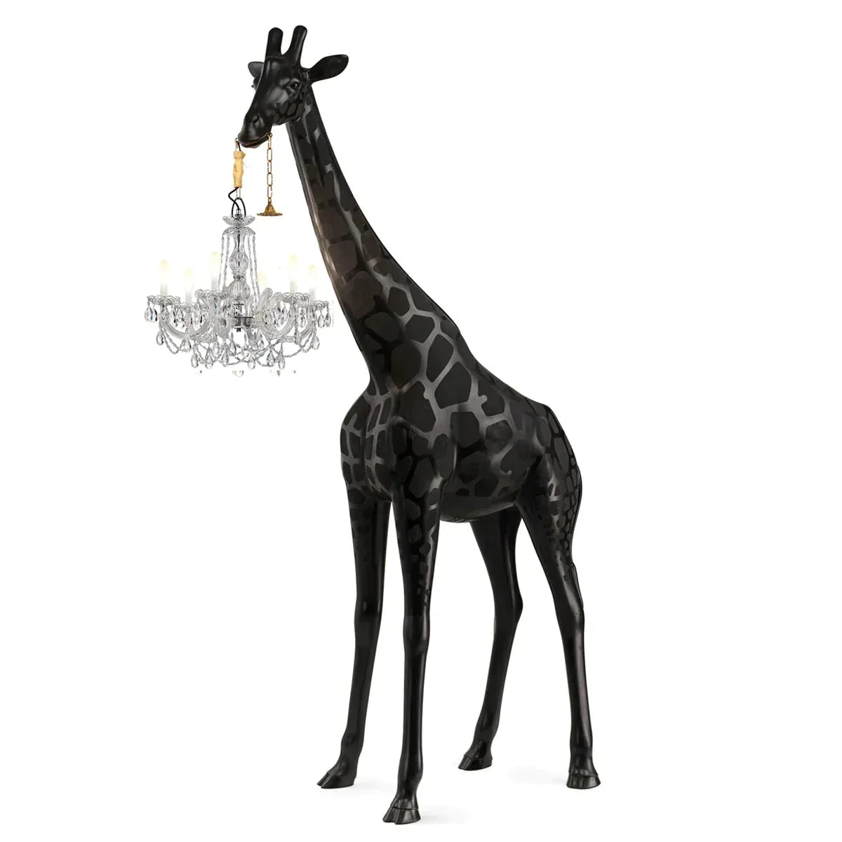 Black Giraffe Lamp with Gold Marie Therese Crystal Chandelier | Hollywood Regency Interiors
