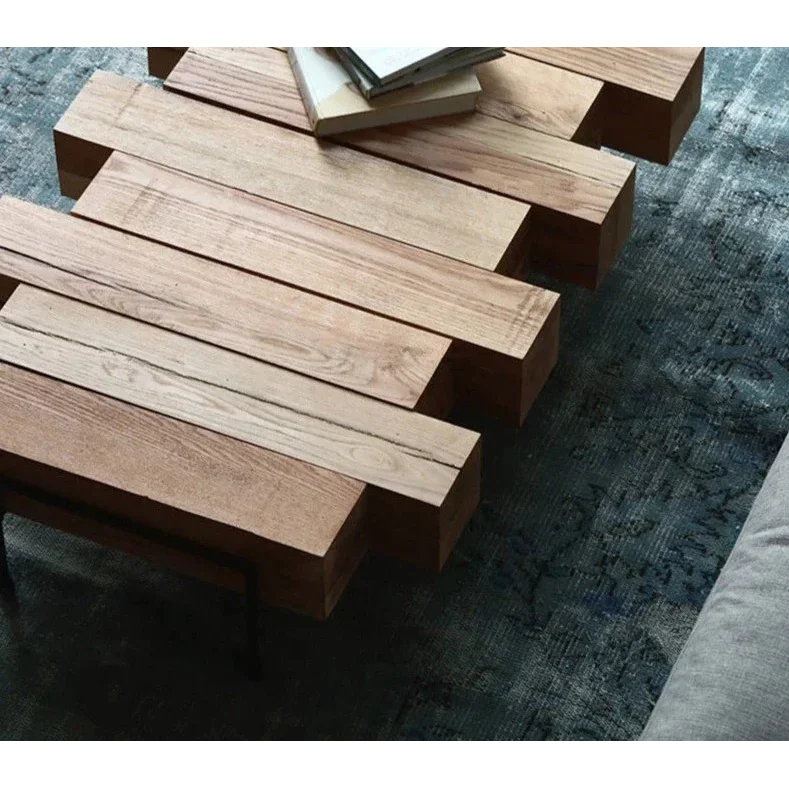 Industrial Rustic Solid Wood Coffee Table – Chunky Block Design with Metal Legs