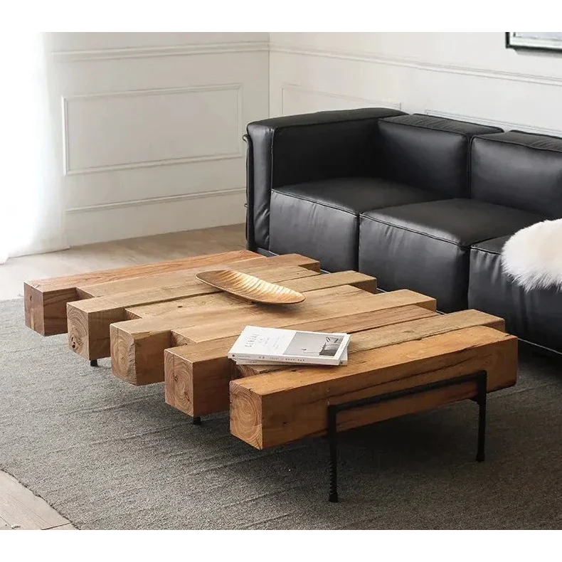 Industrial Rustic Solid Wood Coffee Table – Chunky Block Design with Metal Legs