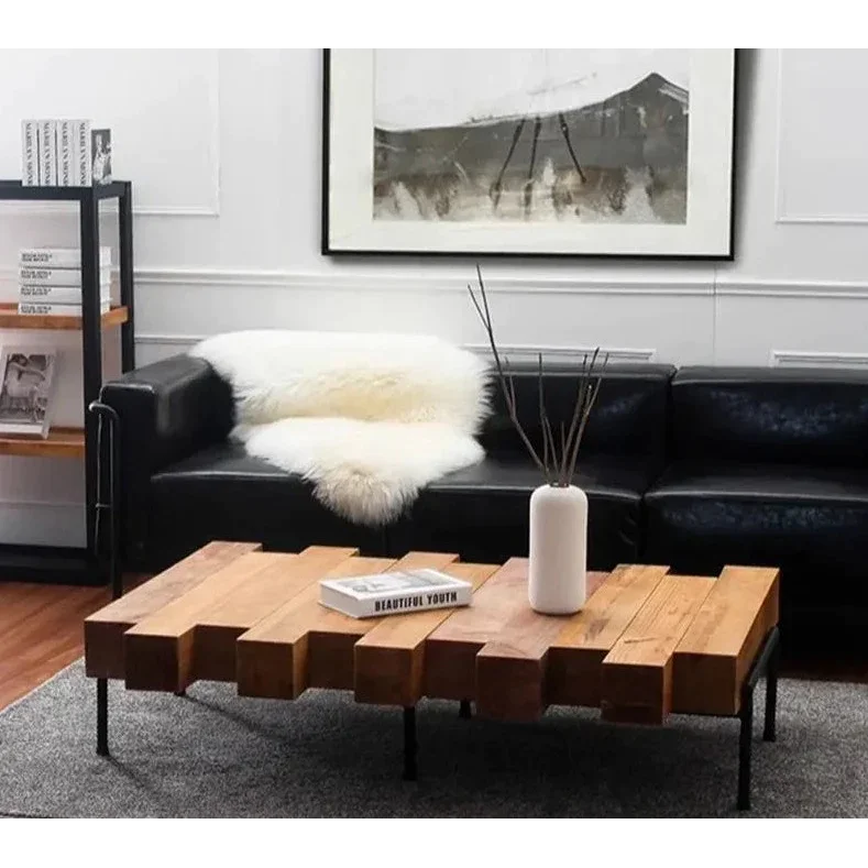 Industrial Rustic Solid Wood Coffee Table – Chunky Block Design with Metal Legs