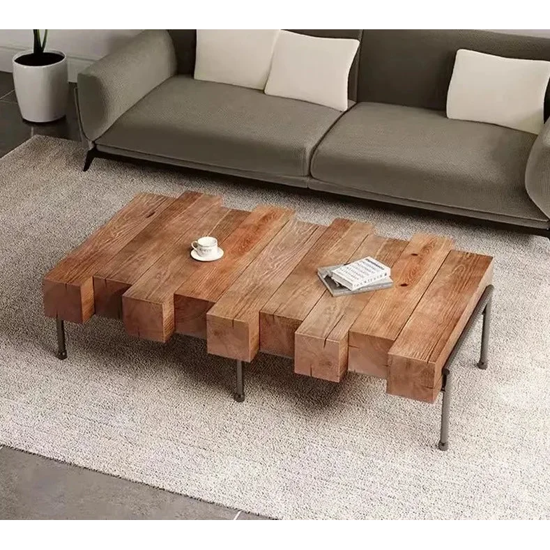 Industrial Rustic Solid Wood Coffee Table – Chunky Block Design with Metal Legs