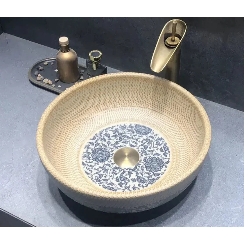 Traditional Hand-painted Blue Floral Ceramic Basin with Brass Faucet | Luxury Bathroom