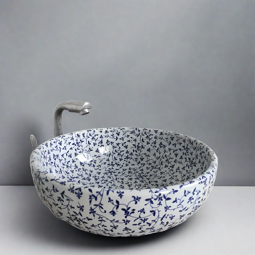 Blue Floral Ceramic Vessel Sink - Luxury Bathroom Design