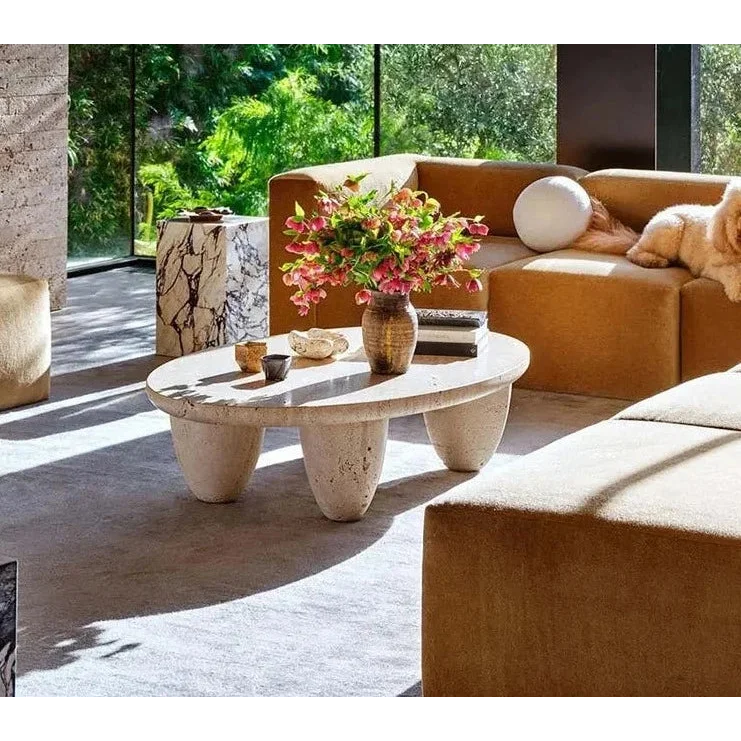 Contemporary Oval Coffee Table in Travertine Stone | Luxury Interiors