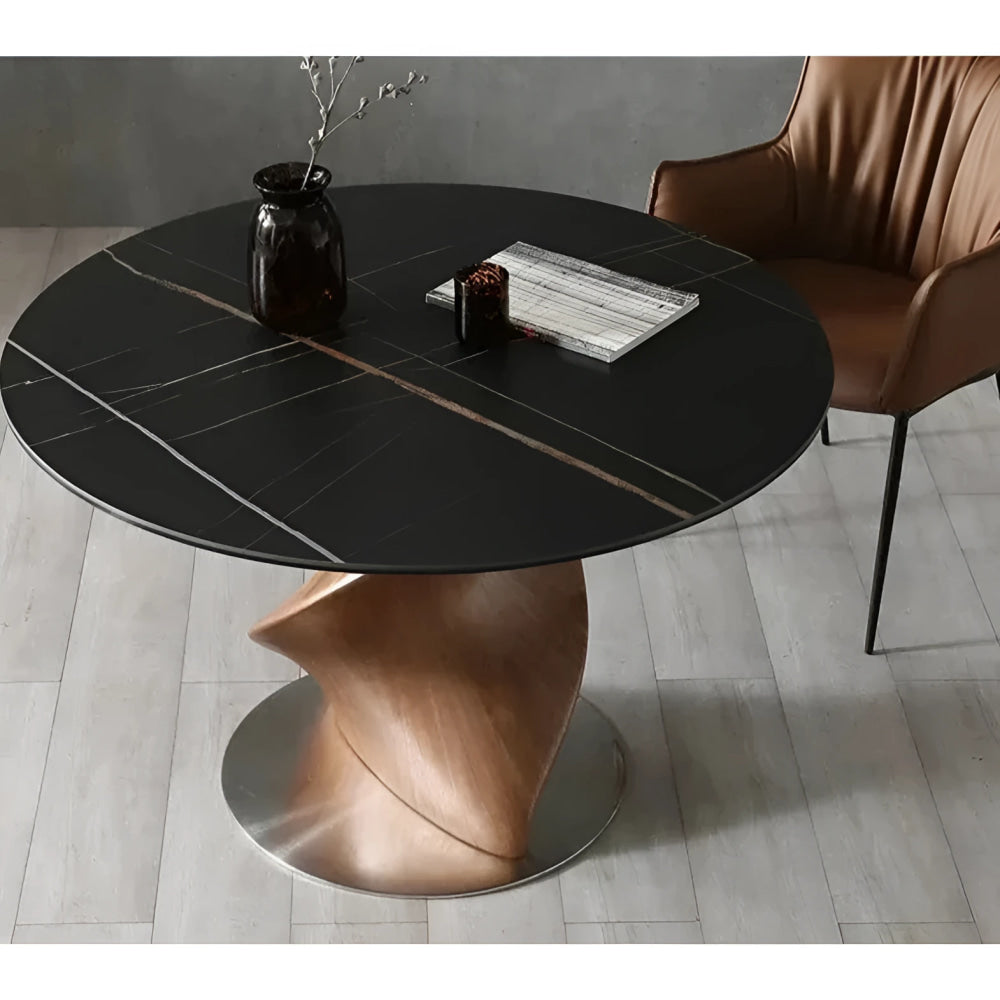 Luxury Round Dining Table with Black Marble Top and Sculptural Wood Base