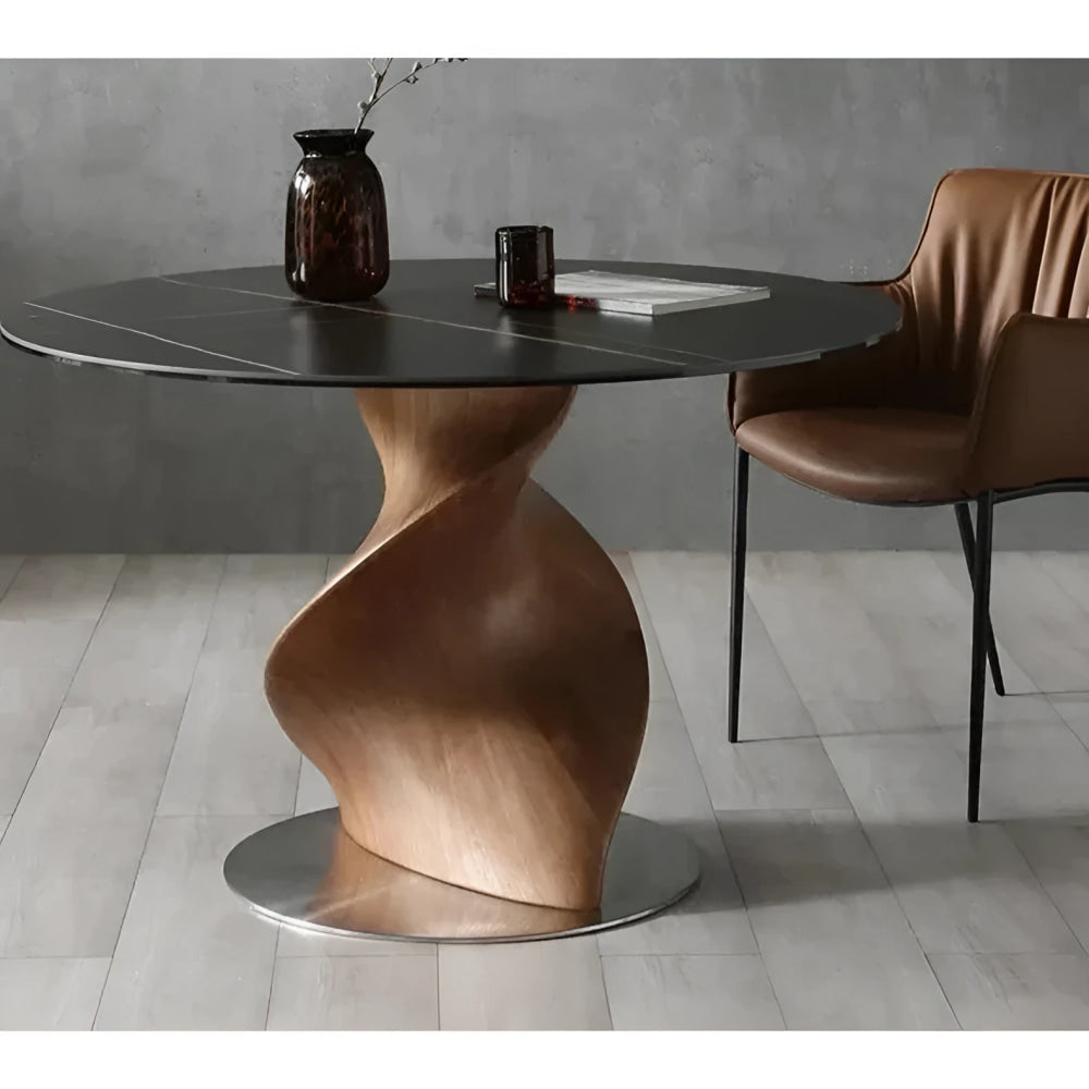 Luxury Round Dining Table with Black Marble Top and Sculptural Wood Base