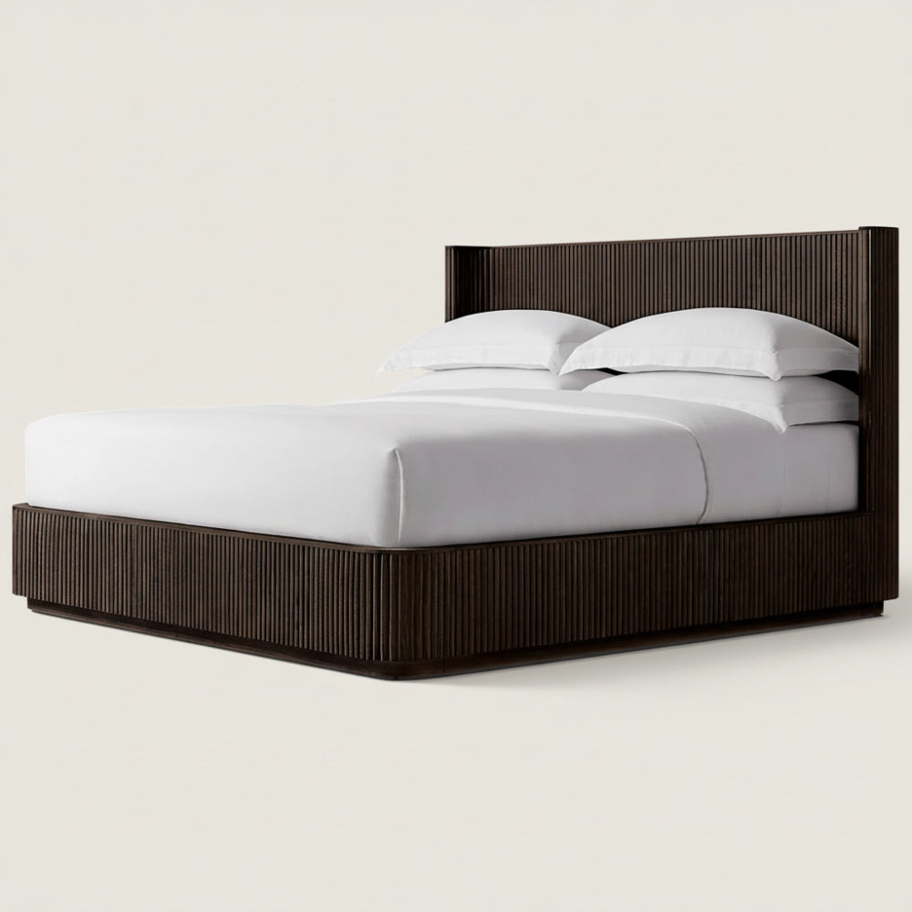 Fluted Oak Platform Bed | HLMPrhy58 - Double / Dark Walnut - Beds