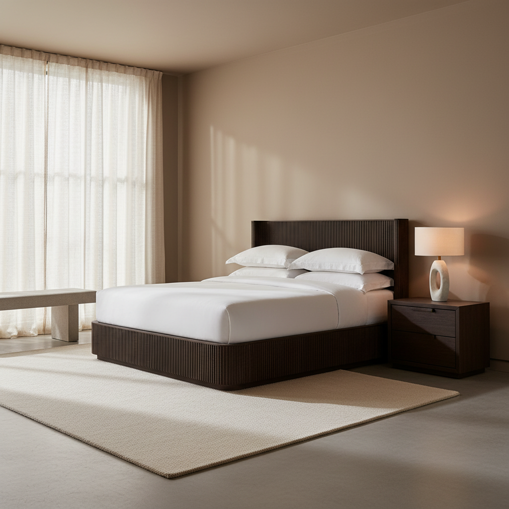 Dark Walnut Fluted Oak Platform Bed | HLMPrhy60