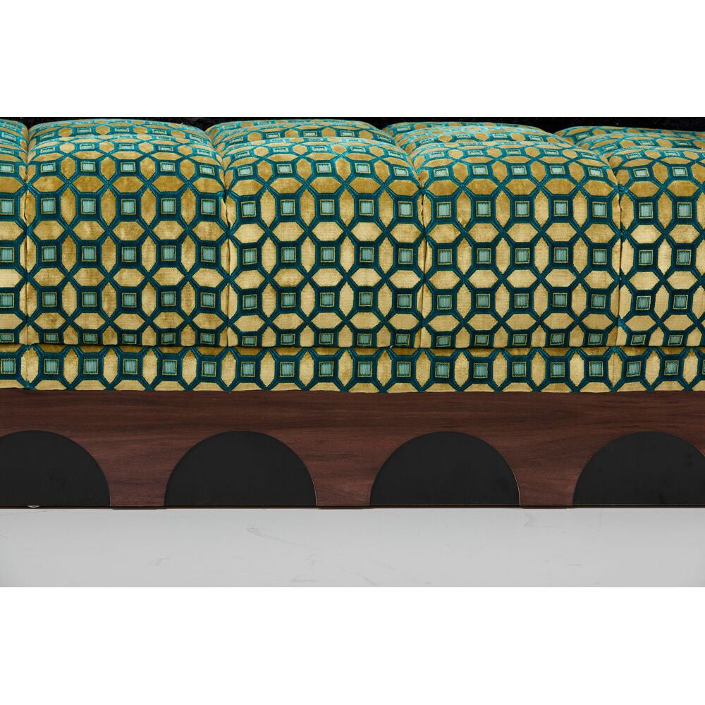 Designer Green Geometric Upholstery Wooden Base Artistic Three-seater Couch | Luxury Interiors