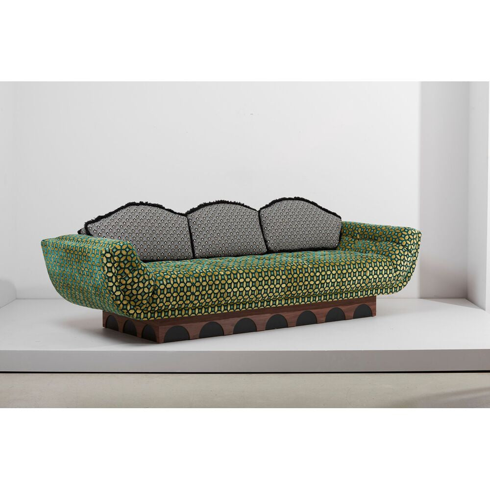 Designer Green Geometric Upholstery Wooden Base Artistic Three-seater Couch | Luxury Interiors
