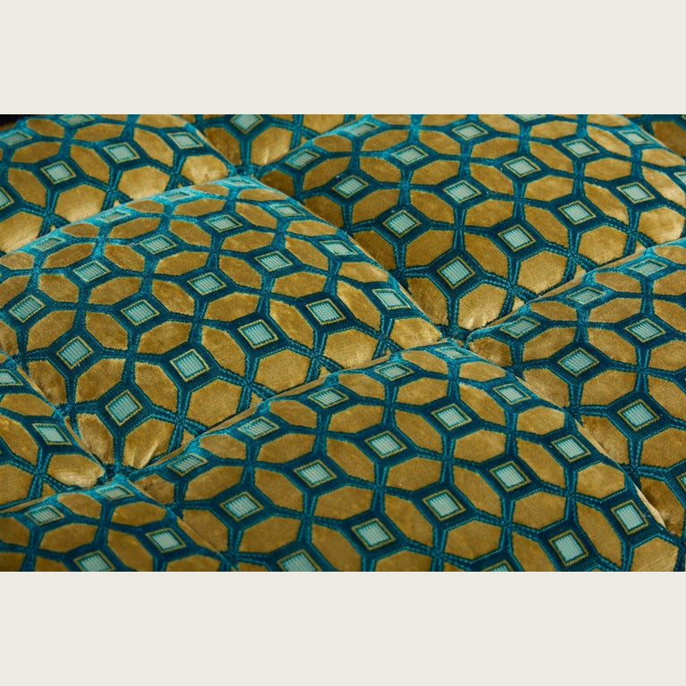 Designer Green Geometric Upholstery Wooden Base Artistic Three-seater Couch | Luxury Interiors