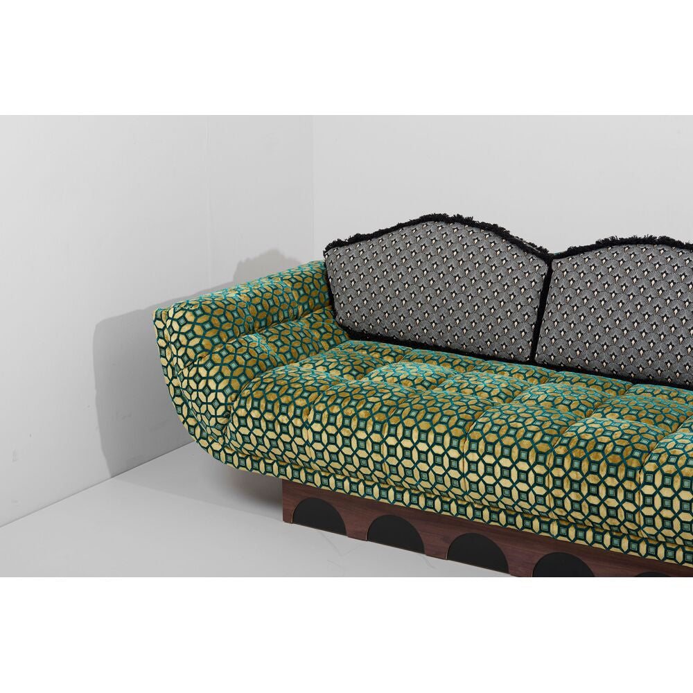 Designer Green Geometric Upholstery Wooden Base Artistic Three-seater Couch | Luxury Interiors