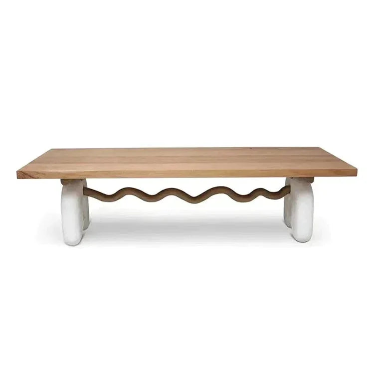 Modern Sculptural Dining Table – Solid Wood Top with Curved Stone base design
