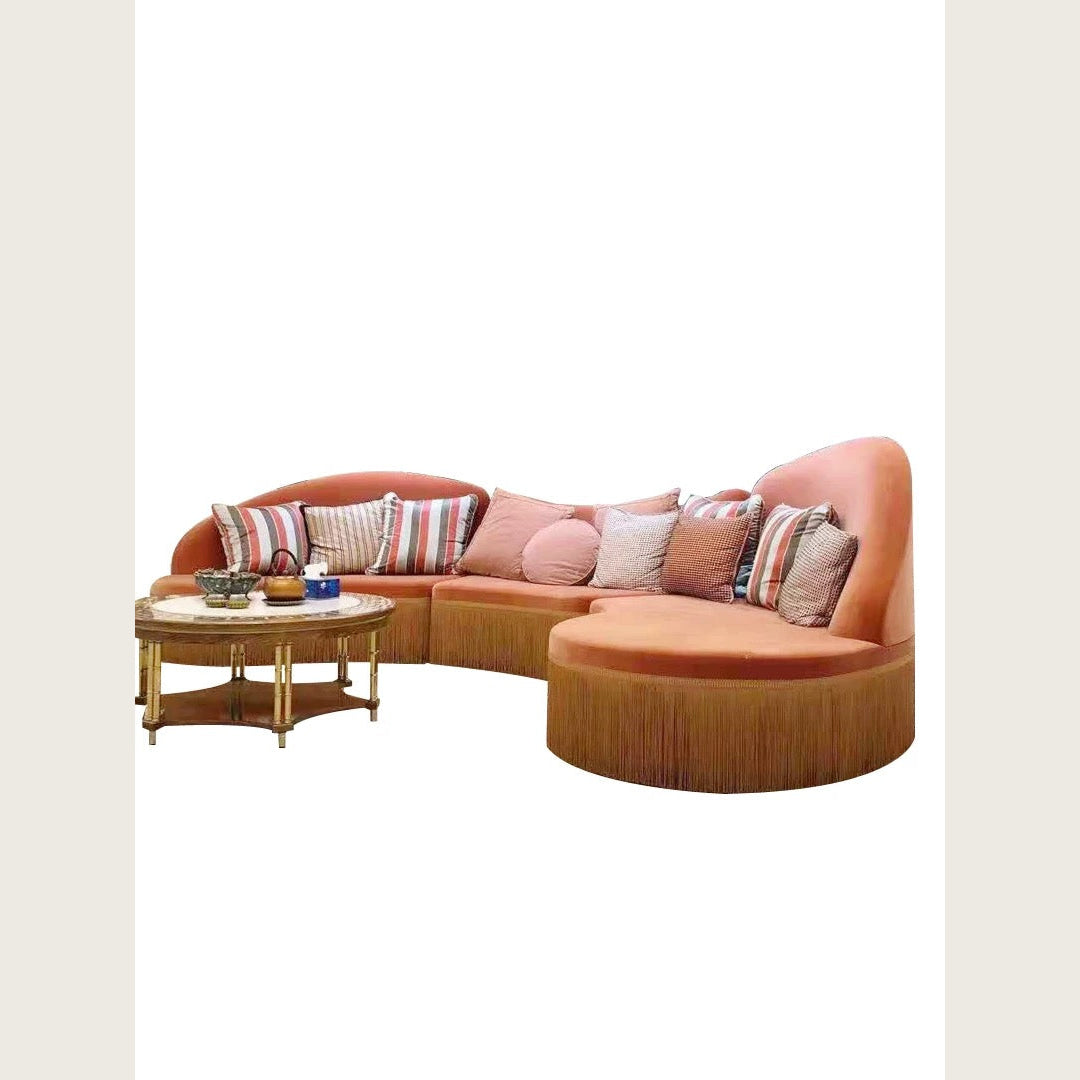 Eclectic Velvet Sofa in Bold Orange with Fringe Detailing | Luxury Living Room