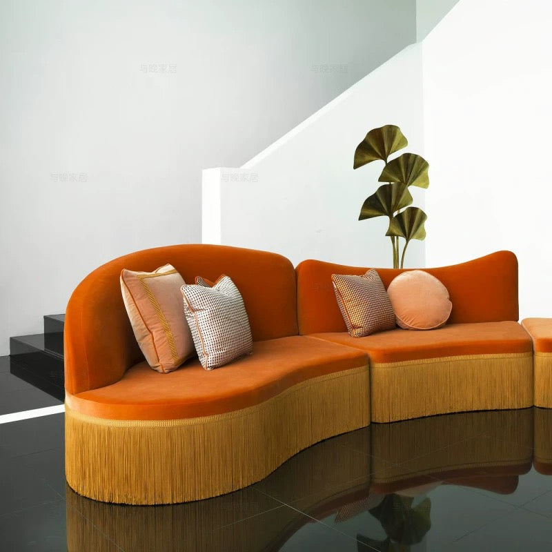 Eclectic Velvet Sofa in Bold Orange with Fringe Detailing | Luxury Living Room