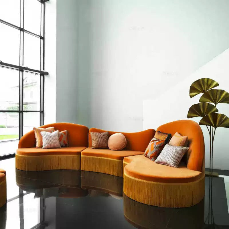 Eclectic Velvet Sofa in Bold Orange with Fringe Detailing | Luxury Living Room