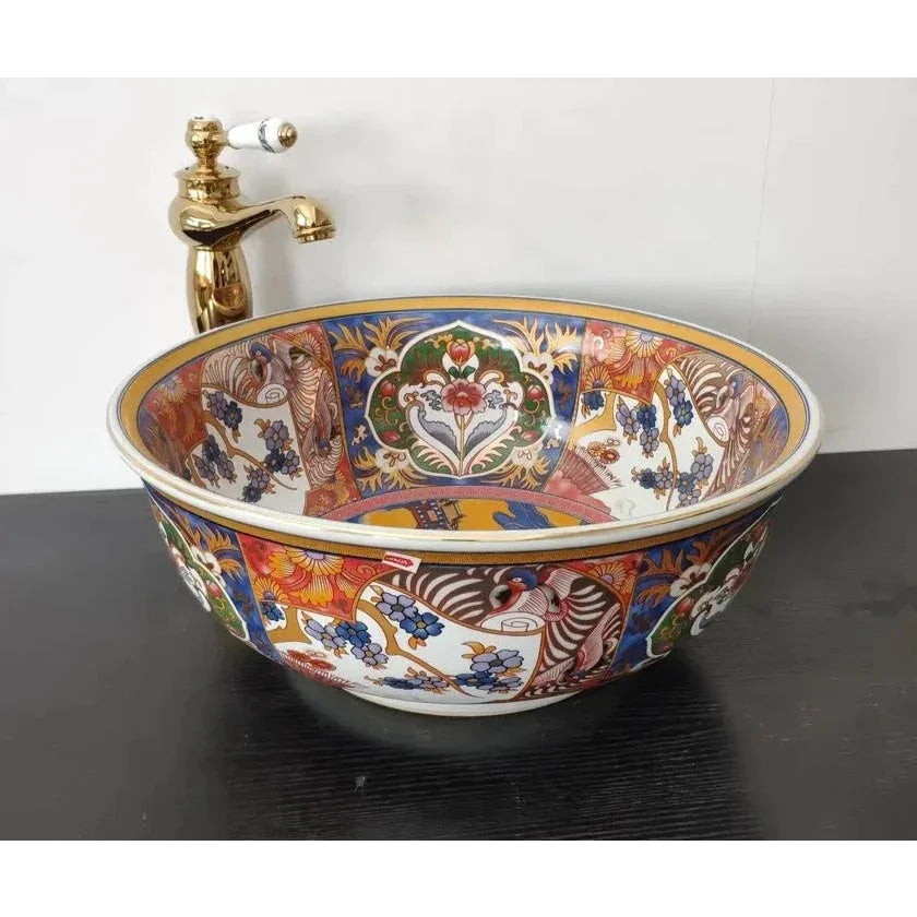 Hand-painted Ceramic Vessel Sink with Ornate Multicolor Design | Luxury Bathrooms