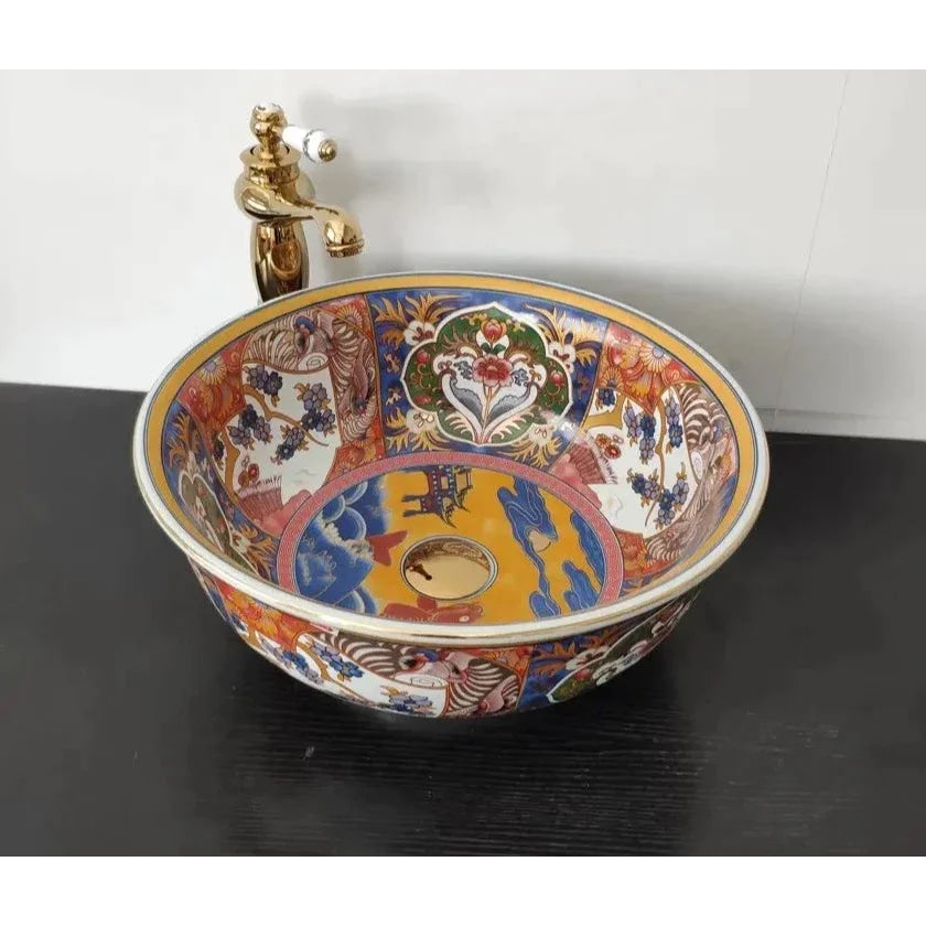 Hand-painted Ceramic Vessel Sink with Ornate Multicolor Design | Luxury Bathrooms