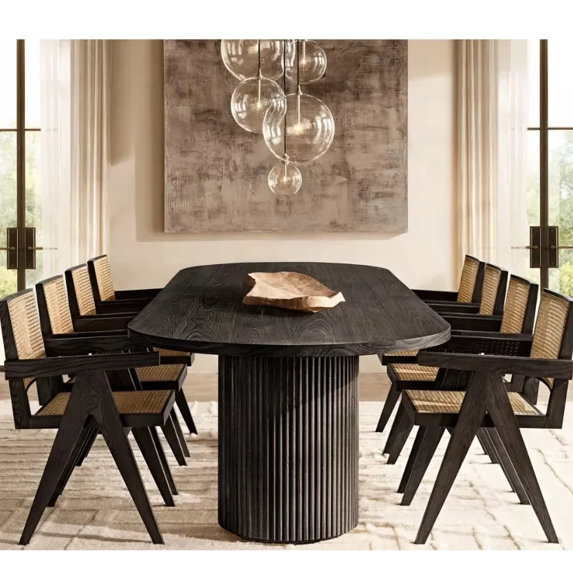 Modern Oak Dining Table | Minimalist Oval Wood with Fluted Pedestal Base | Luxury Interiors