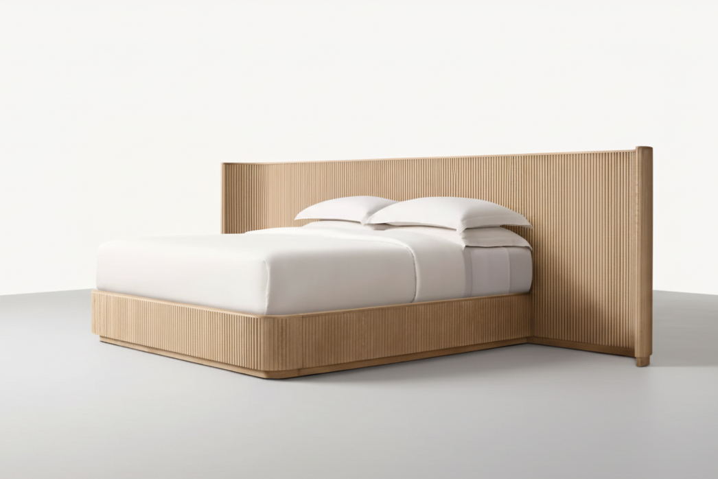 Bespoke Oak Fluted Panel Bed | Handcrafted Solid Wood Frame | Modern Architectural Designer