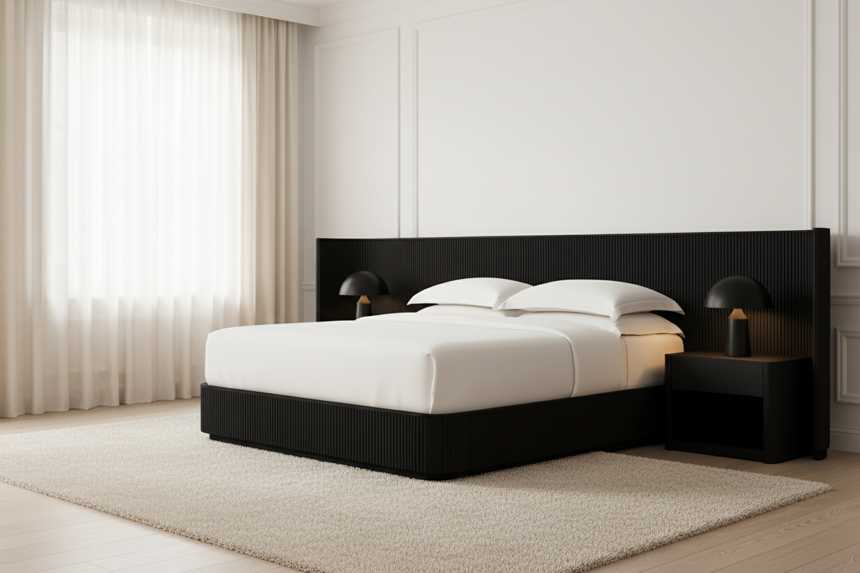 FLUTED OAK BED | MODERN SOLID WOOD BED FRAME | Black HLMPrhy57