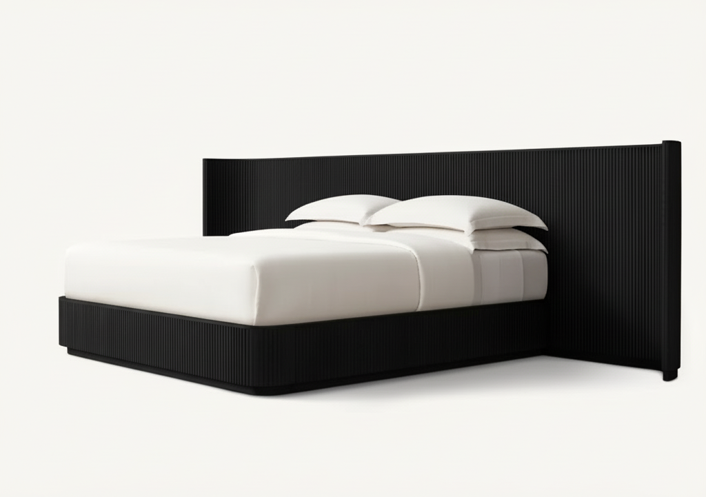 FLUTED OAK BED | MODERN SOLID WOOD Bed FRAME - Double / Black - Beds