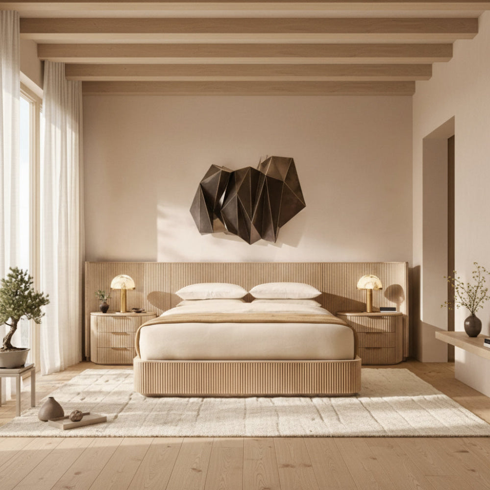 Bespoke Oak Fluted Panel Bed | Handcrafted Solid Wood Frame | Modern Architectural Designer