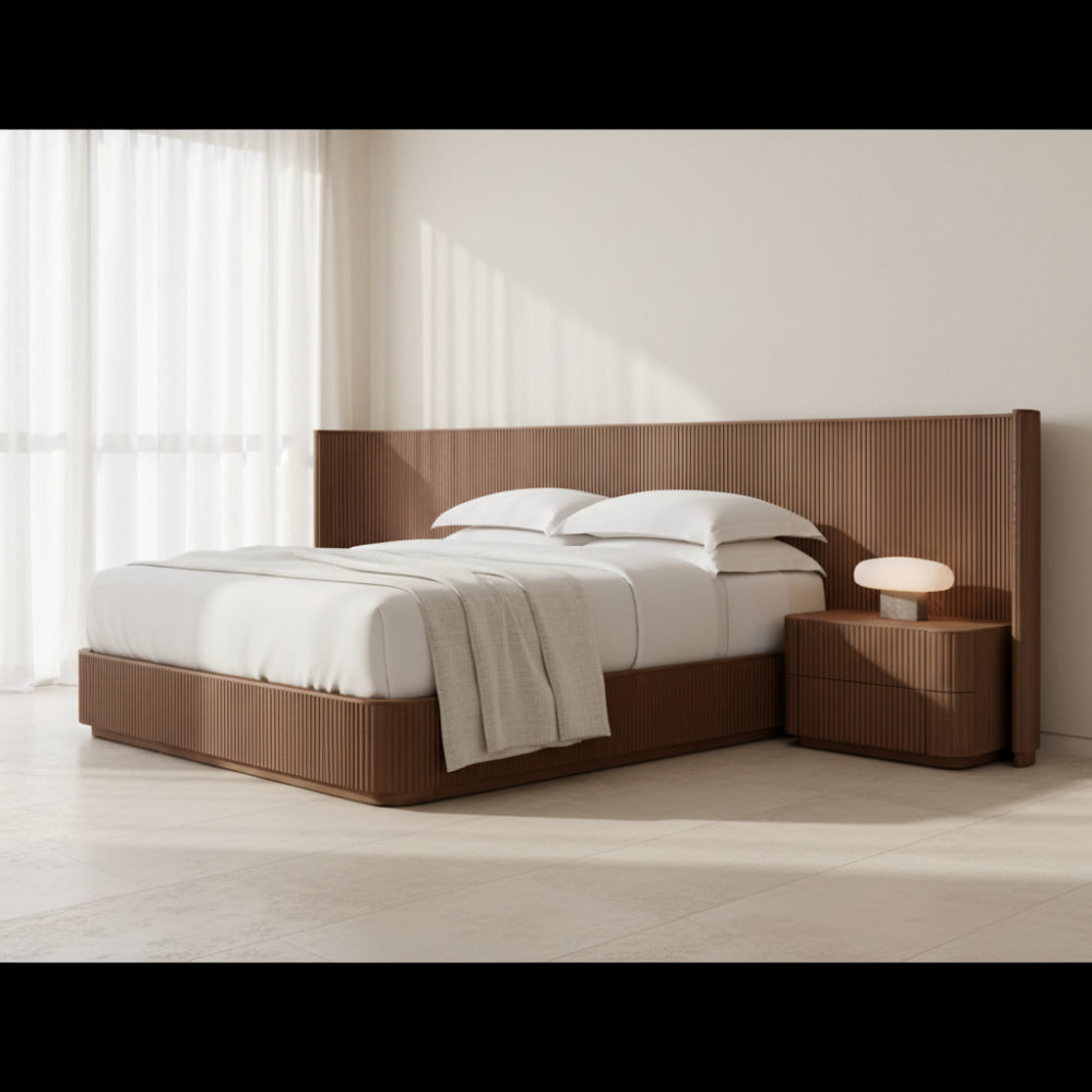 Fluted Oak Bed | Modern Solid Wood Bed Frame | Light Walnut - Beds