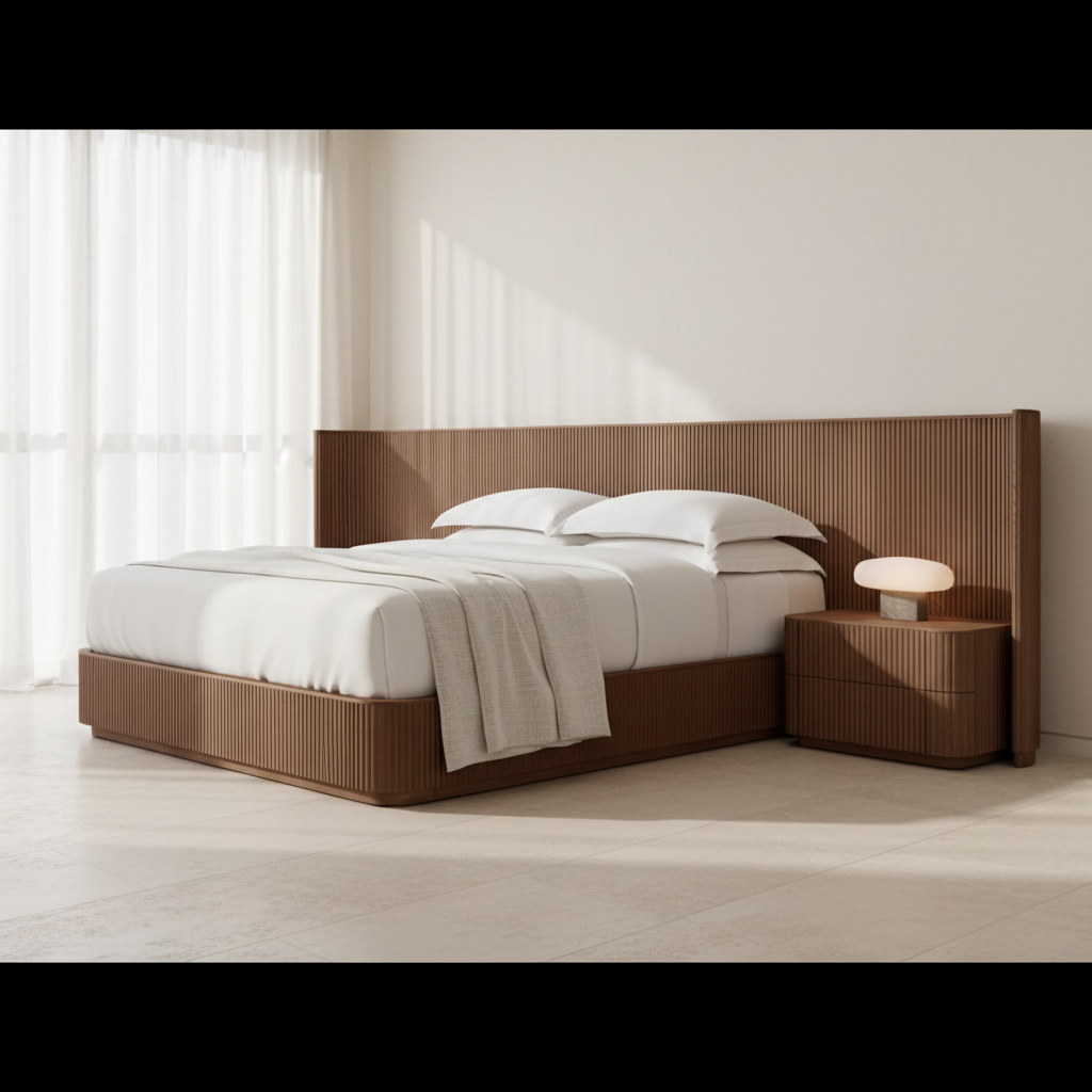 Fluted Oak Bed | Modern Solid Wood Bed Frame | Light Walnut - Beds