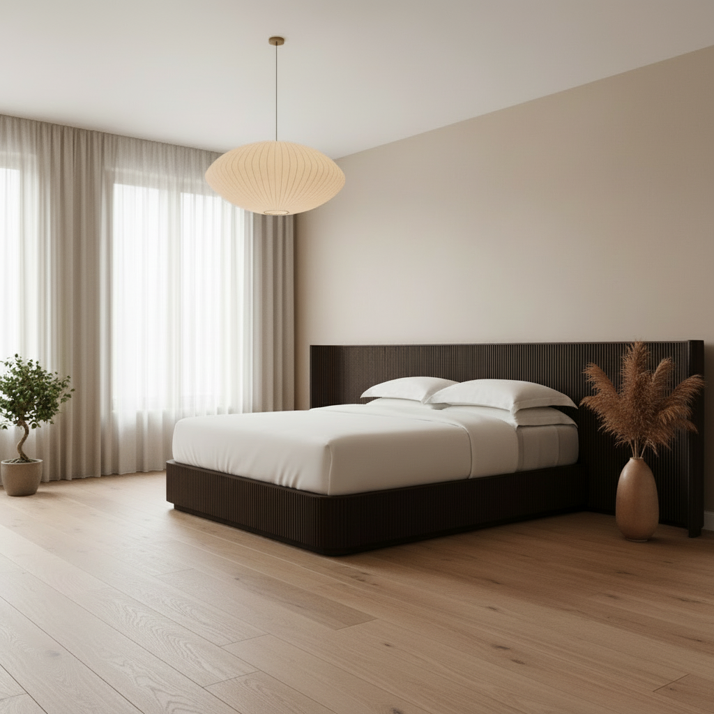 FLUTED OAK BED | MODERN SOLID WOOD BED FRAME | Light Walnut - Beds