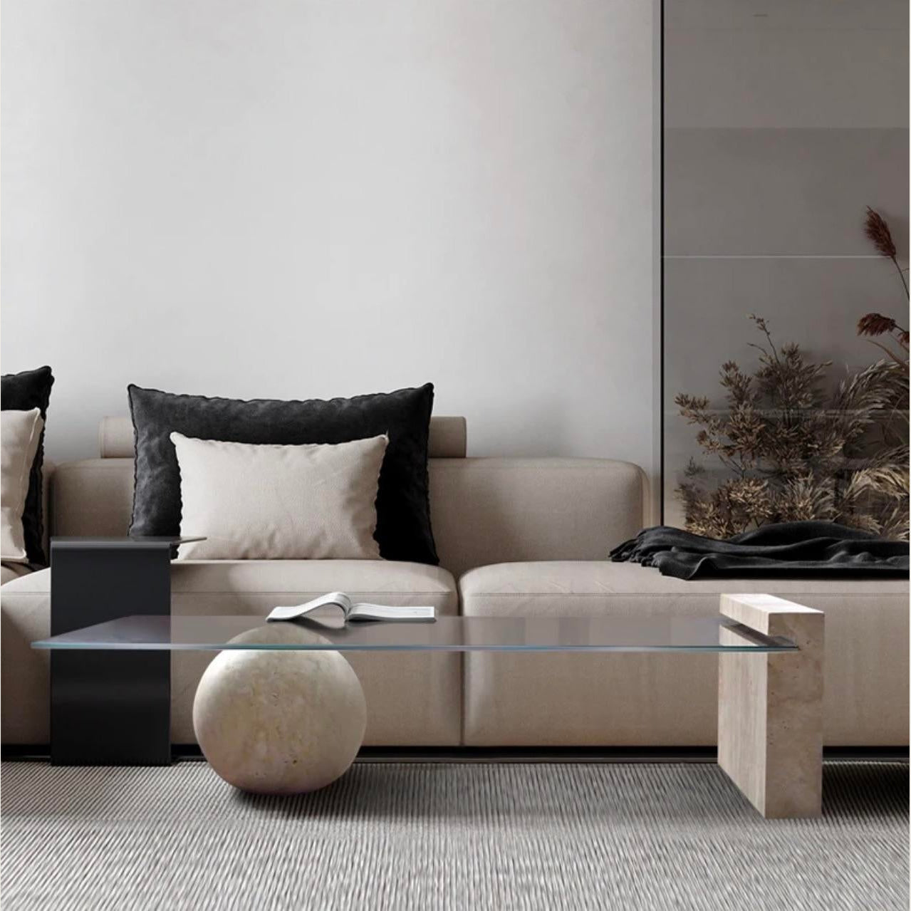 Travertine Glass Coffee Table - Luxury Modern Minimalism Living Room