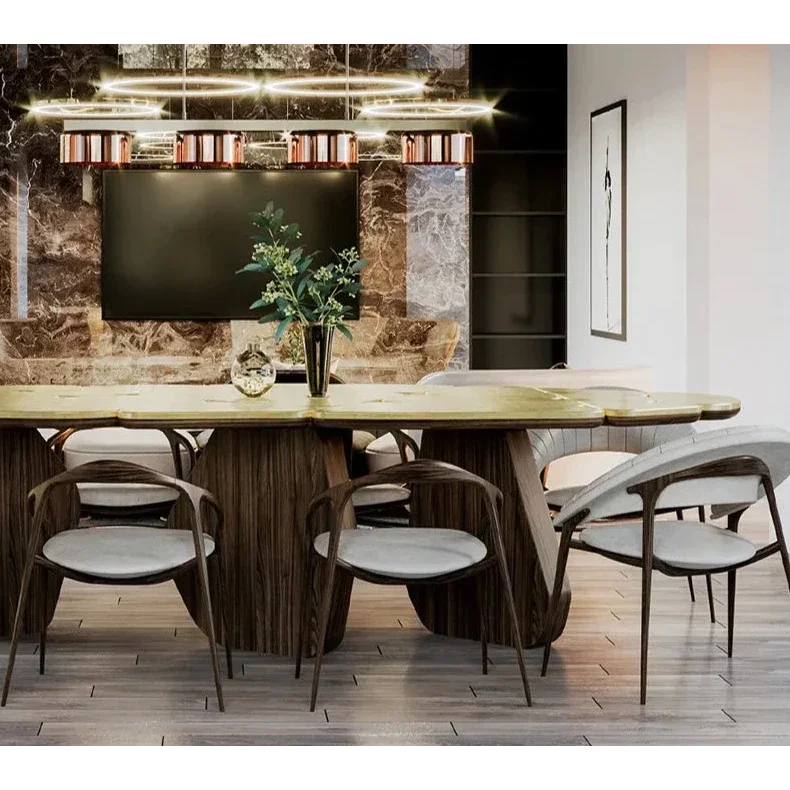 Sculptural Wooden Dining Table with Brass Accents – Modern Luxury Design