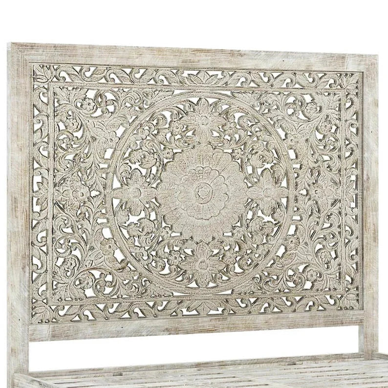 Hand-carved Mandala Bed Frame – Solid Wood King/queen Size
