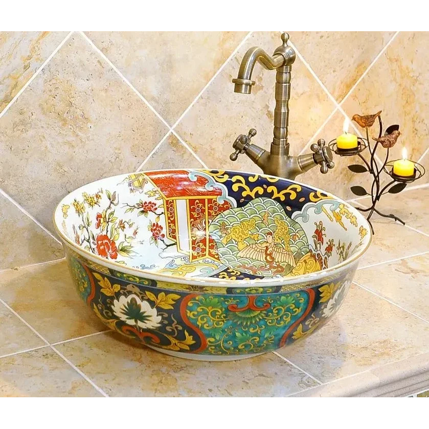 Hand-painted Ceramic Vessel Sink with Floral and Oriental Patterns | Luxury Bathrooms